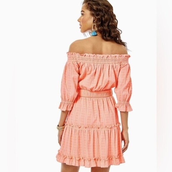 NWT Lilly Pulitzer Bright Orange Mini Dress Size XS Louisa Off The Shoulder - Picture 2 of 12